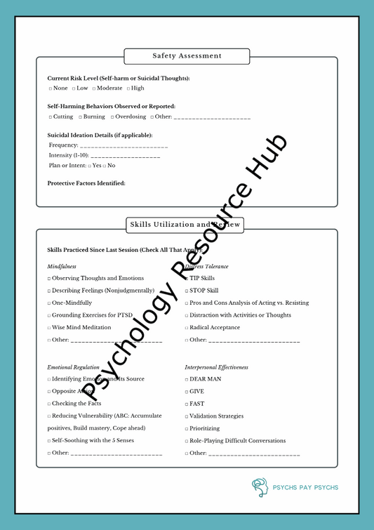 Dialectical Behavioural Therapy (DBT) session note template for tracking client progress, interventions, and outcomes.
