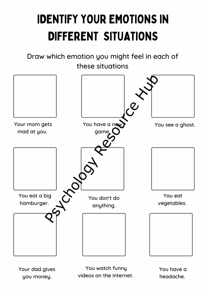 Use this worksheet called' Understand my Feelings' to identify your emotions in various situations with drawing activities for emotional awareness