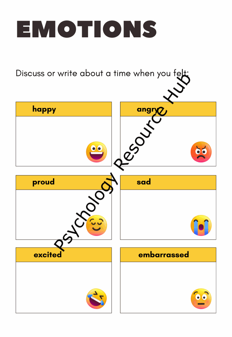 Worksheet for children that prompts for feelings, to write about emotions like happy, angry, proud, sad, excited, and embarrassed with emoji prompts