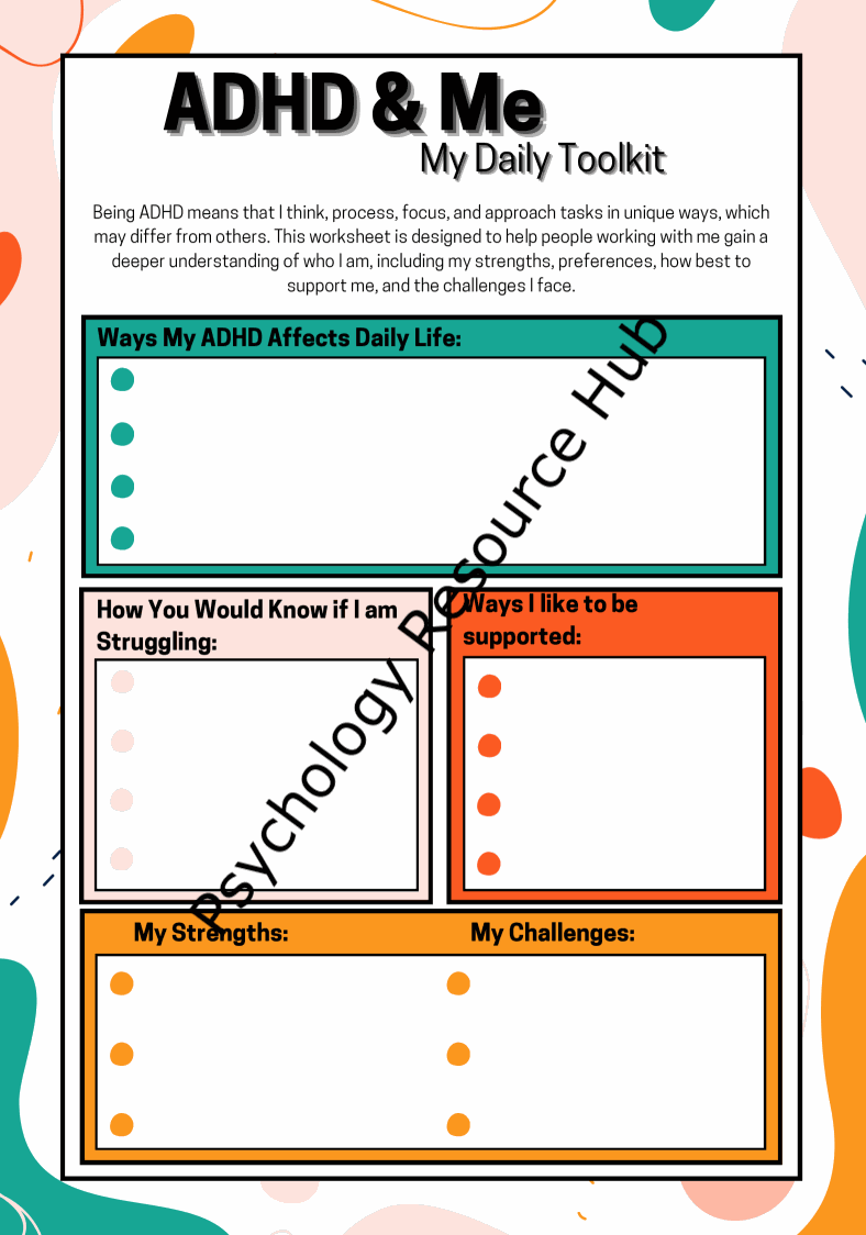 ADHD and Me daily toolkit worksheets with sections on effects, struggles, support, strengths, and challenges
