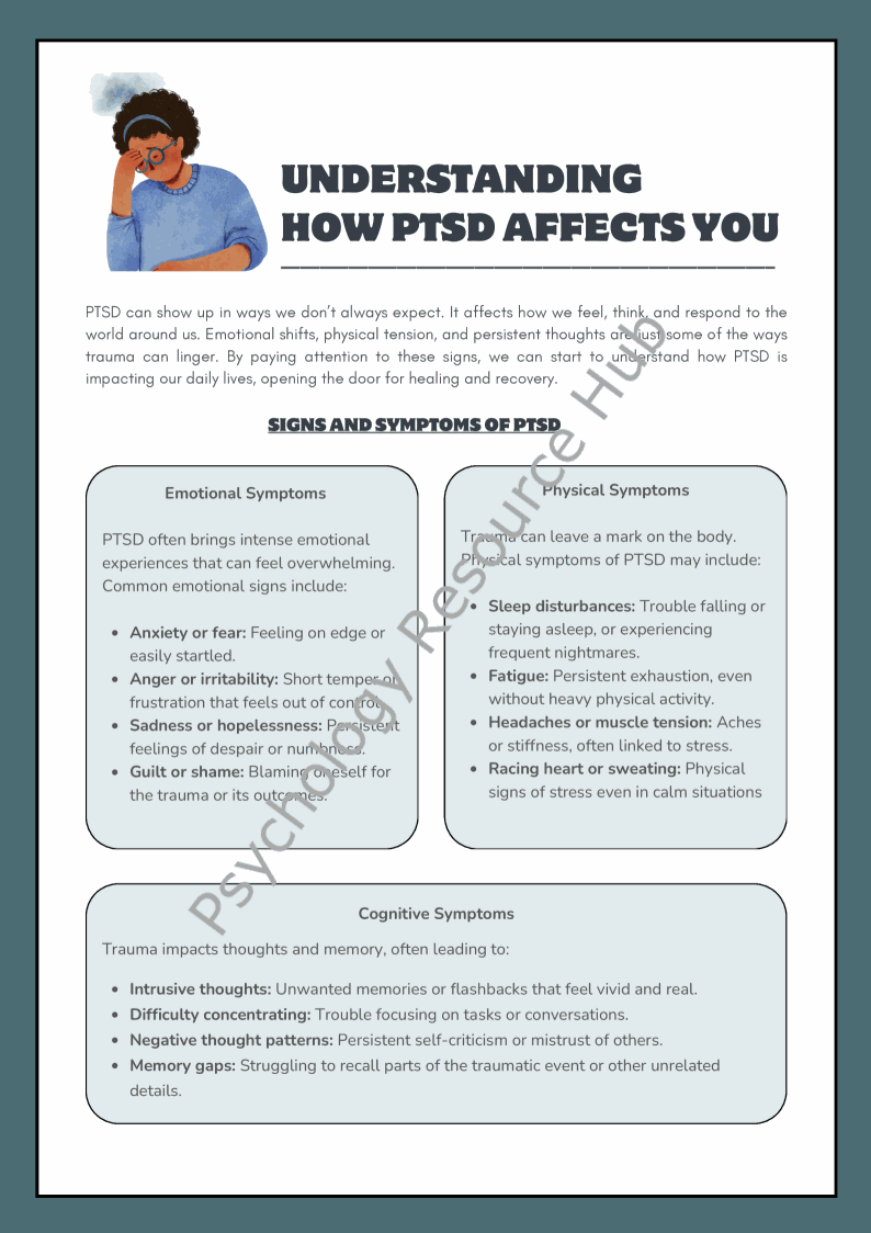 Infographic 'Understanding how PTSD affects you' explains the emotional, physical, and cognitive symptoms of PTSD with steps for understanding and recovery