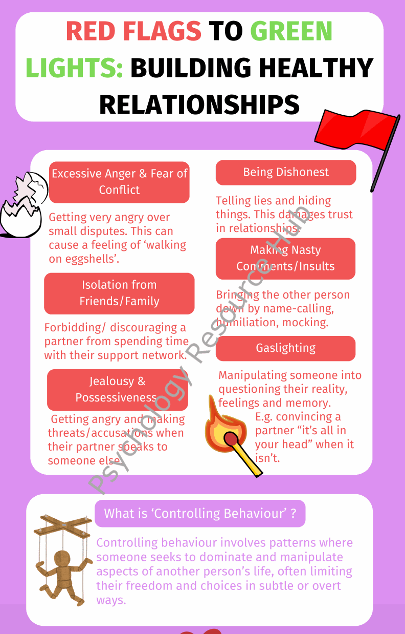 Building Healthy Relationships poster showing red flags and green lights of relationship behaviors with examples of unhealthy actions and explanation of controlling behavior.