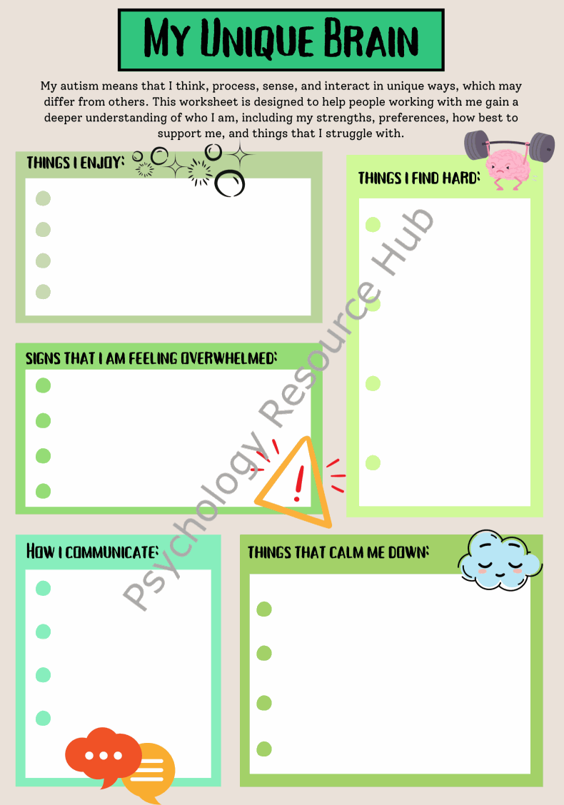 My Unique Brain autism activity worksheet with sections for things enjoyed, challenges faced, signs of overwhelm, communication methods, and calming strategies