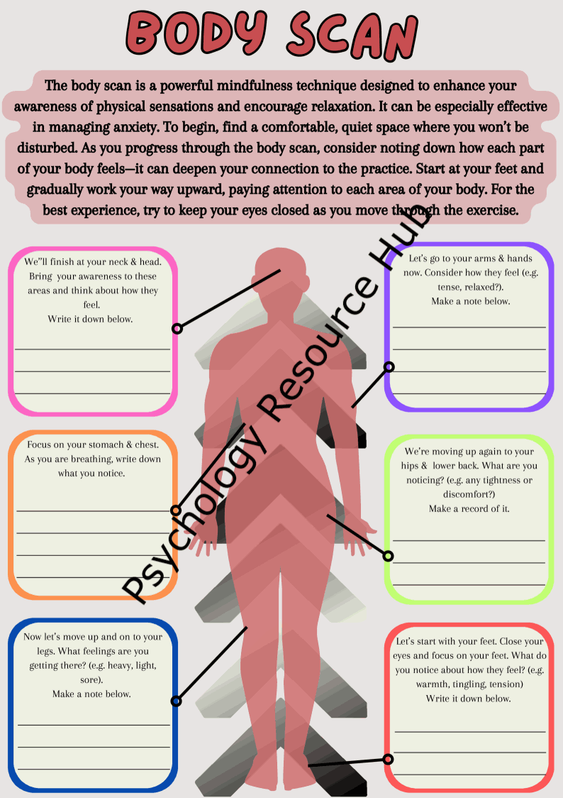 Body Scan and Relaxation worksheet with guided mindfulness instructions and space to note physical sensations for stress reduction and body awareness.