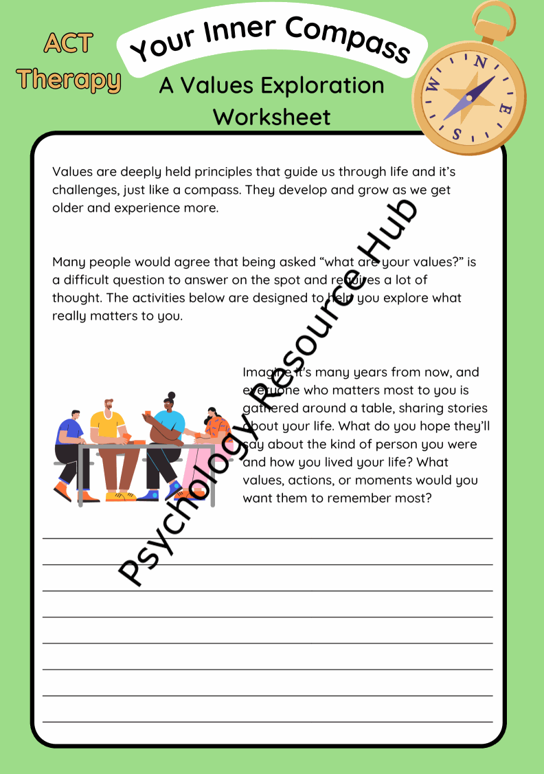 Worksheet titled "Your Inner Compass: A Values Exploration Worksheet" with a compass graphic, text prompts for personal values reflection, and an illustration of people discussing around a table.