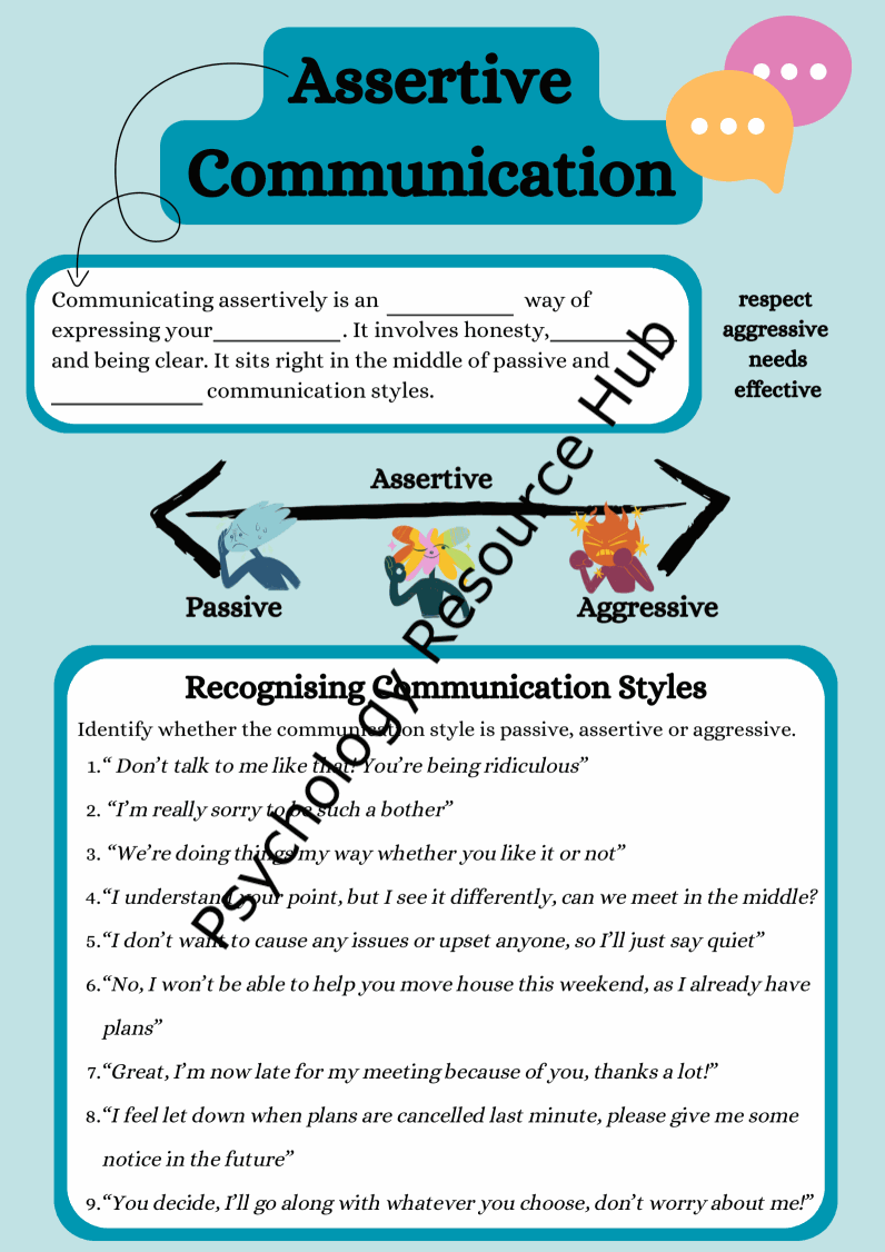 Assertive Communication Worksheet highlighting communication styles, exercises, and tips for expressing needs confidently and respectfully.
