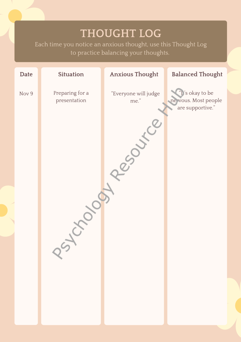 CBT Anxiety Thought Log Worksheet