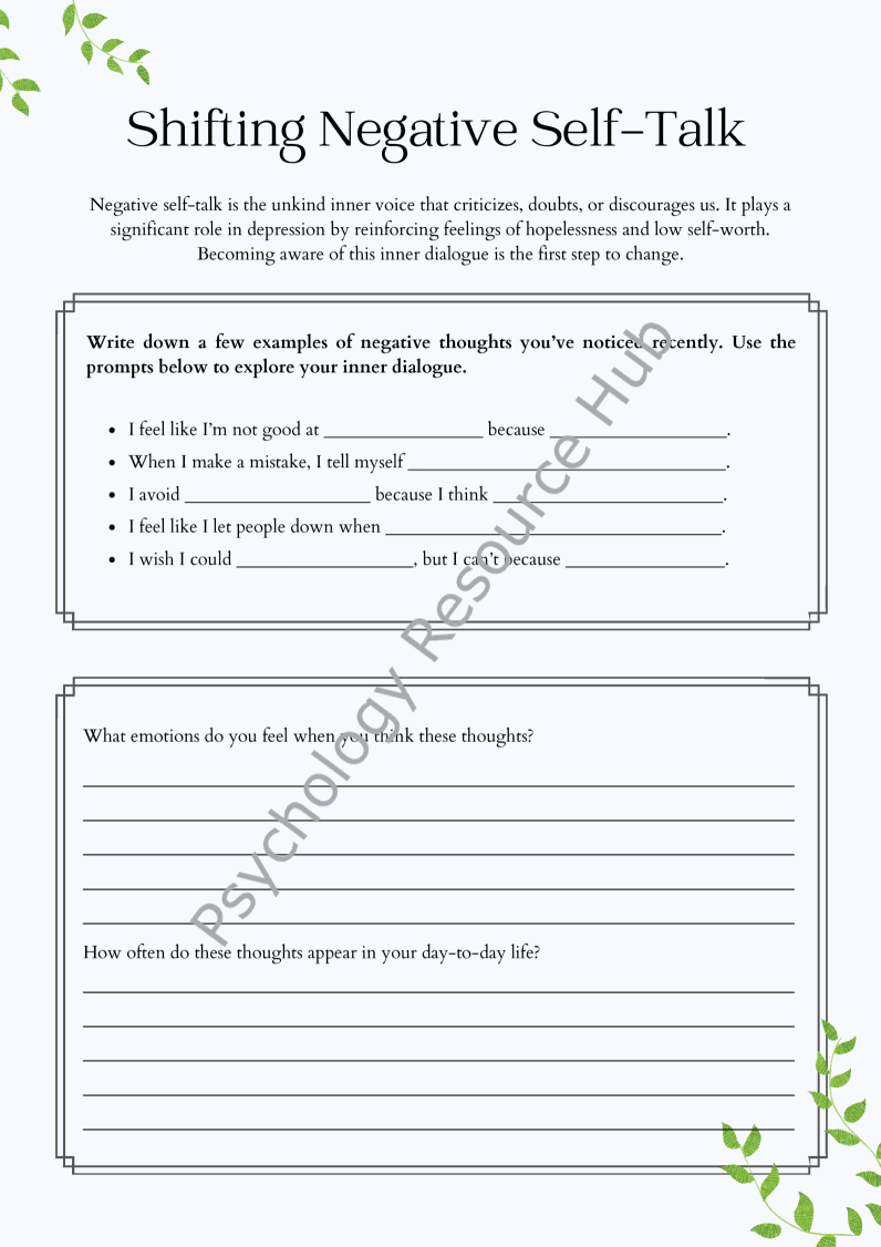 Shifting Negative Self-Talk activity worksheet helping identify and reframe negative thoughts with guided prompts