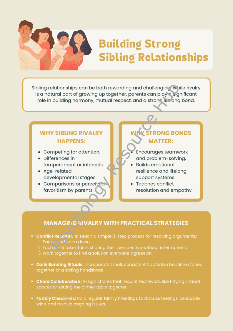 Building Strong Sibling Relationships worksheet with tips on rivalry, teamwork, conflict resolution, and family collaboration for parents.