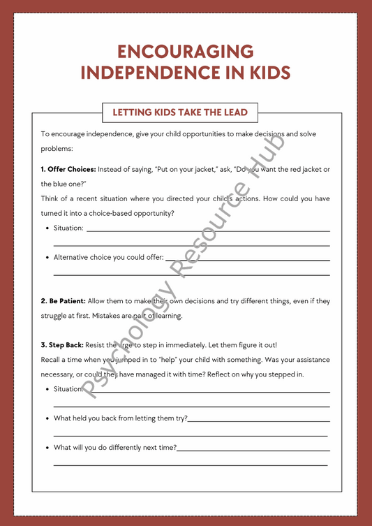 Encouraging independence in children worksheet with step-by-step guidance for decision-making and confidence-building activities