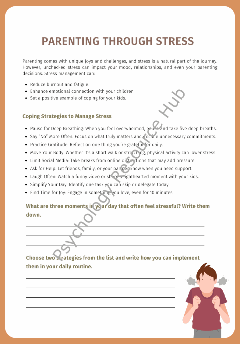 Parenting Through Stress worksheet with coping strategies and stress management techniques for parents