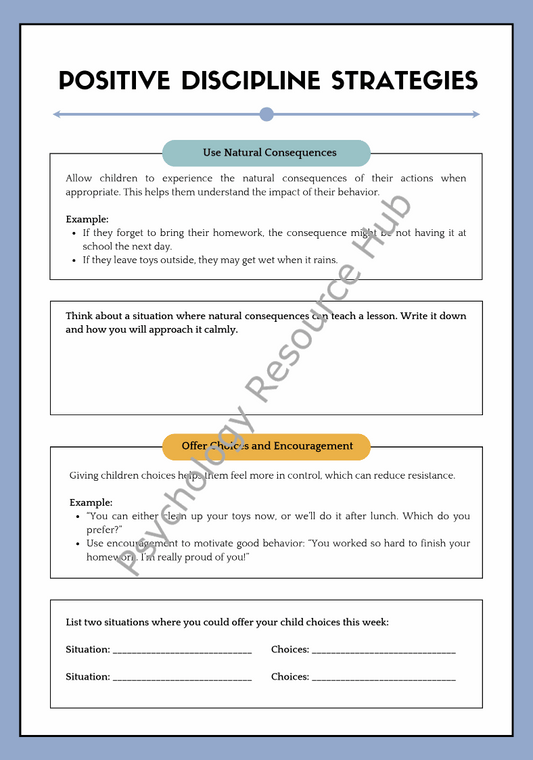 Positive Discipline Strategies guide page showing methods like natural consequences, offering choices, and encouragement for positive child behavior.