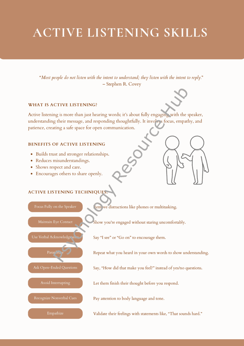 Active Listening Skills handout with techniques for empathy, building trust, maintaining eye contact, and enhancing communication.