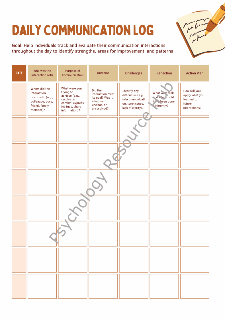 Daily Communication Log template for tracking and reflecting on communication interactions to improve clarity and relationships