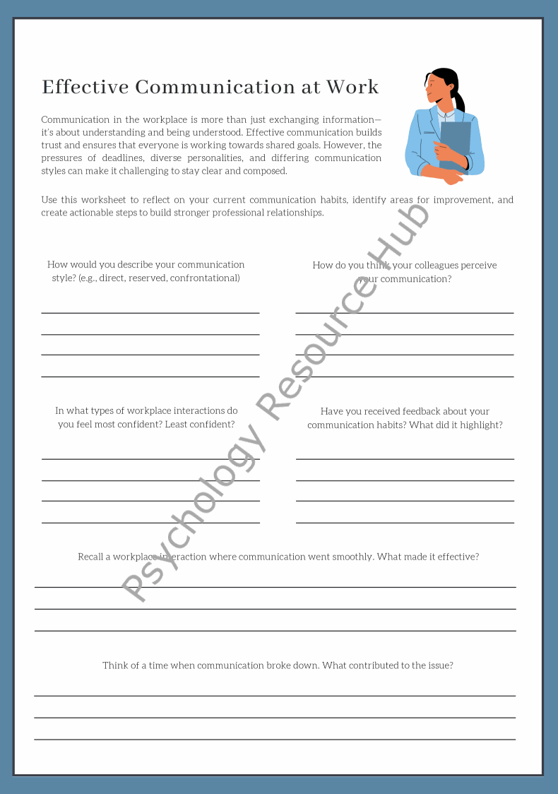 Worksheet for effective communication at work with reflective questions and space for written answers.