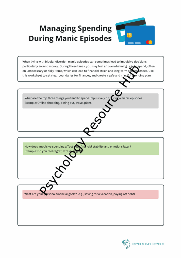 Worksheet for managing finances during manic episodes with budgeting and spending control strategies