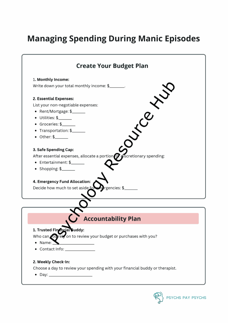 Worksheet for managing finances and budgeting during manic episodes with spending and accountability plans