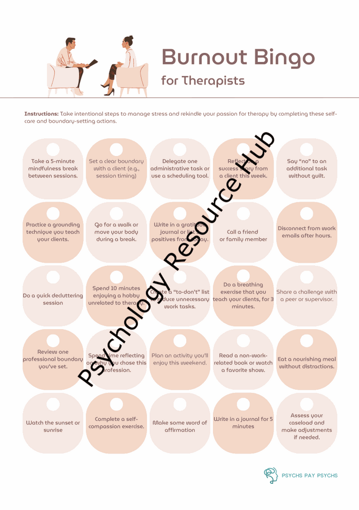 Burnout Bingo interactive therapist tool for identifying early burnout signs and promoting self-care and resilience.