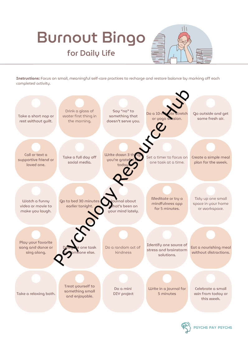 Burnout Bingo therapist tool worksheet promoting self-care and early burnout signs detection with interactive bingo format