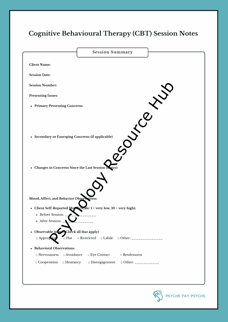 Cognitive Behavioural Therapy CBT session note template for documenting client goals, interventions, and progress.