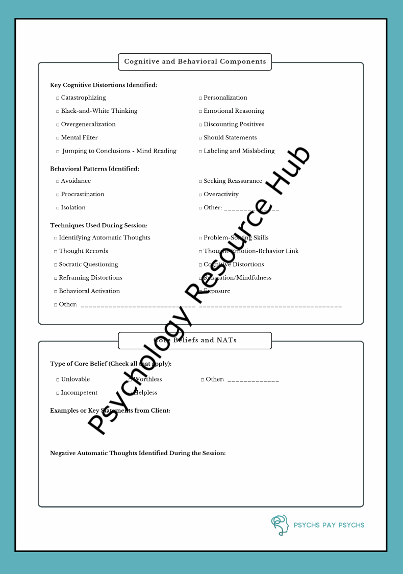 Cognitive Behavioural Therapy session note template for documenting client goals, interventions, and progress in structured therapy sessions.