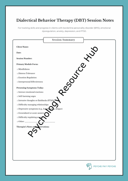 Dialectical Behavioural Therapy DBT session note template for tracking client progress and interventions in therapy sessions