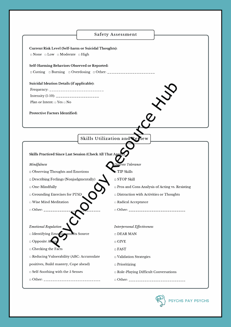 Dialectical Behavioural Therapy (DBT) session note template for tracking client progress, interventions, and outcomes.