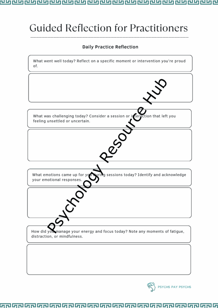 Guided reflection worksheet for practitioners with daily prompts to enhance therapeutic practice and self-awareness