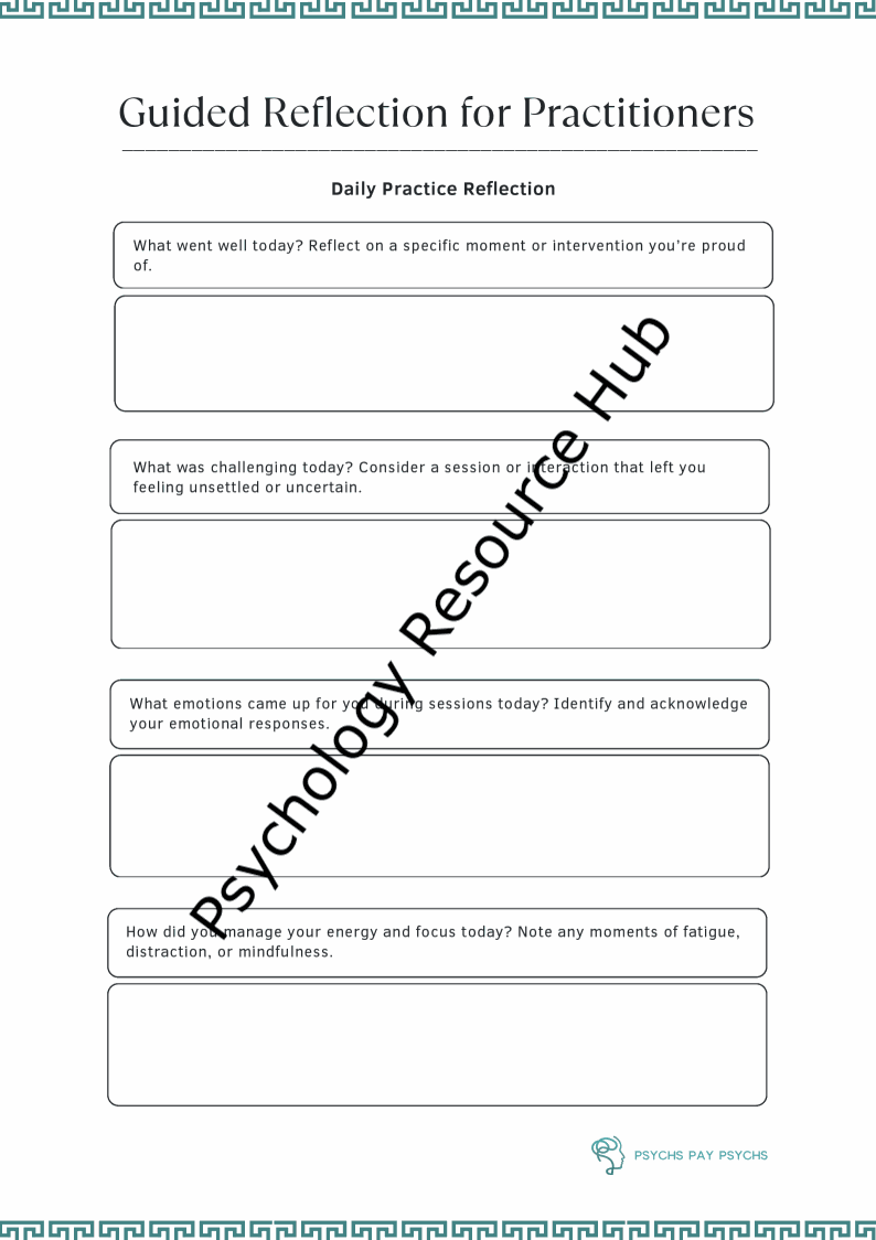 Guided reflection worksheet for practitioners with daily prompts to enhance therapeutic practice and self-awareness