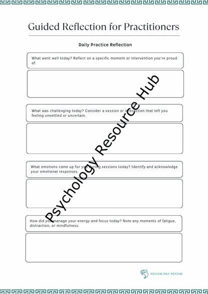 Guided reflection worksheet for practitioners with daily prompts to enhance therapeutic practice and self-awareness