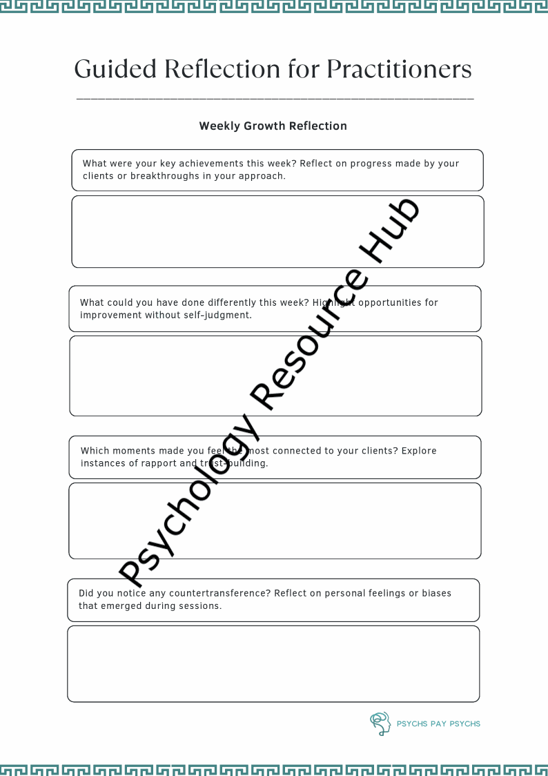 Guided reflection worksheet for therapists with prompts to enhance practice and self-awareness