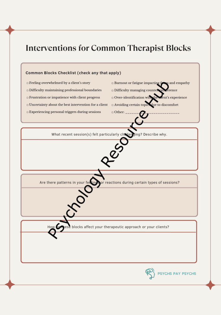 Interventions for Common Therapist Blocks worksheet with checklist and reflection prompts for improving therapeutic practice