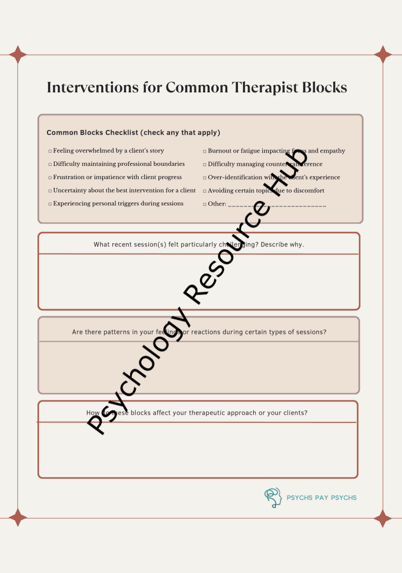 Interventions for Common Therapist Blocks worksheet with checklist and reflection prompts for improving therapeutic practice