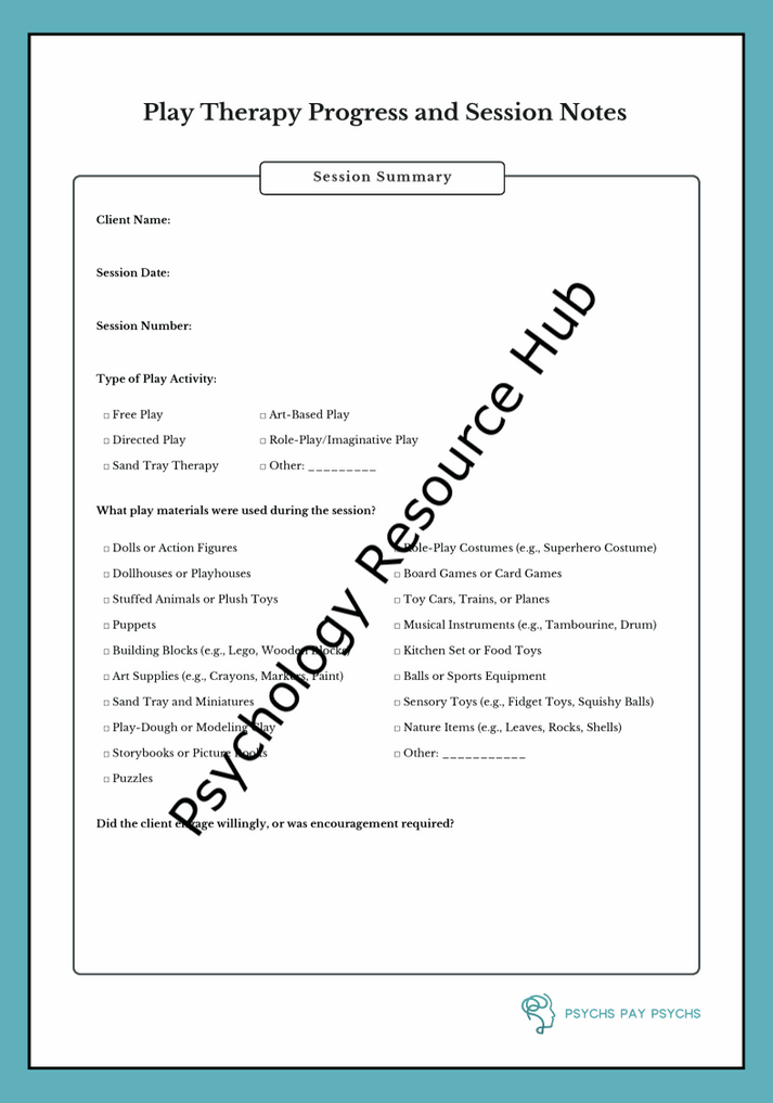 Play Therapy Progress and Session Notes template for documenting child-centered therapy sessions and client progress