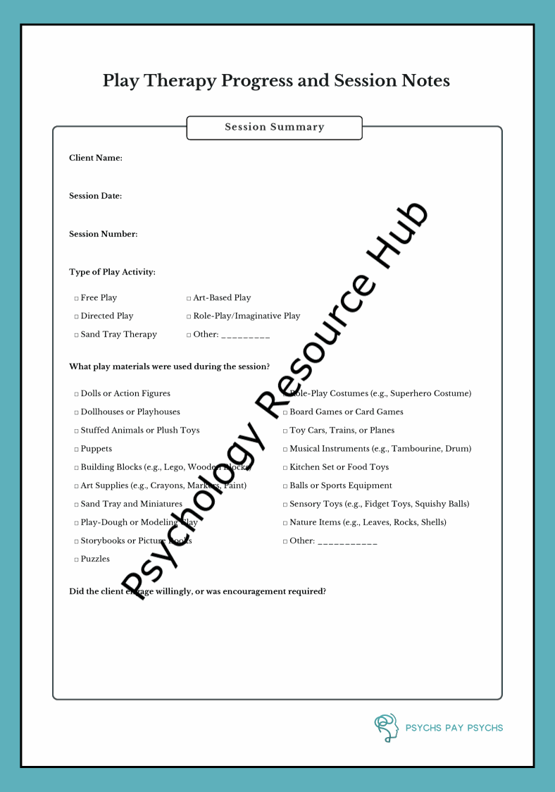 Play Therapy Progress and Session Notes template for documenting child-centered therapy sessions and client progress