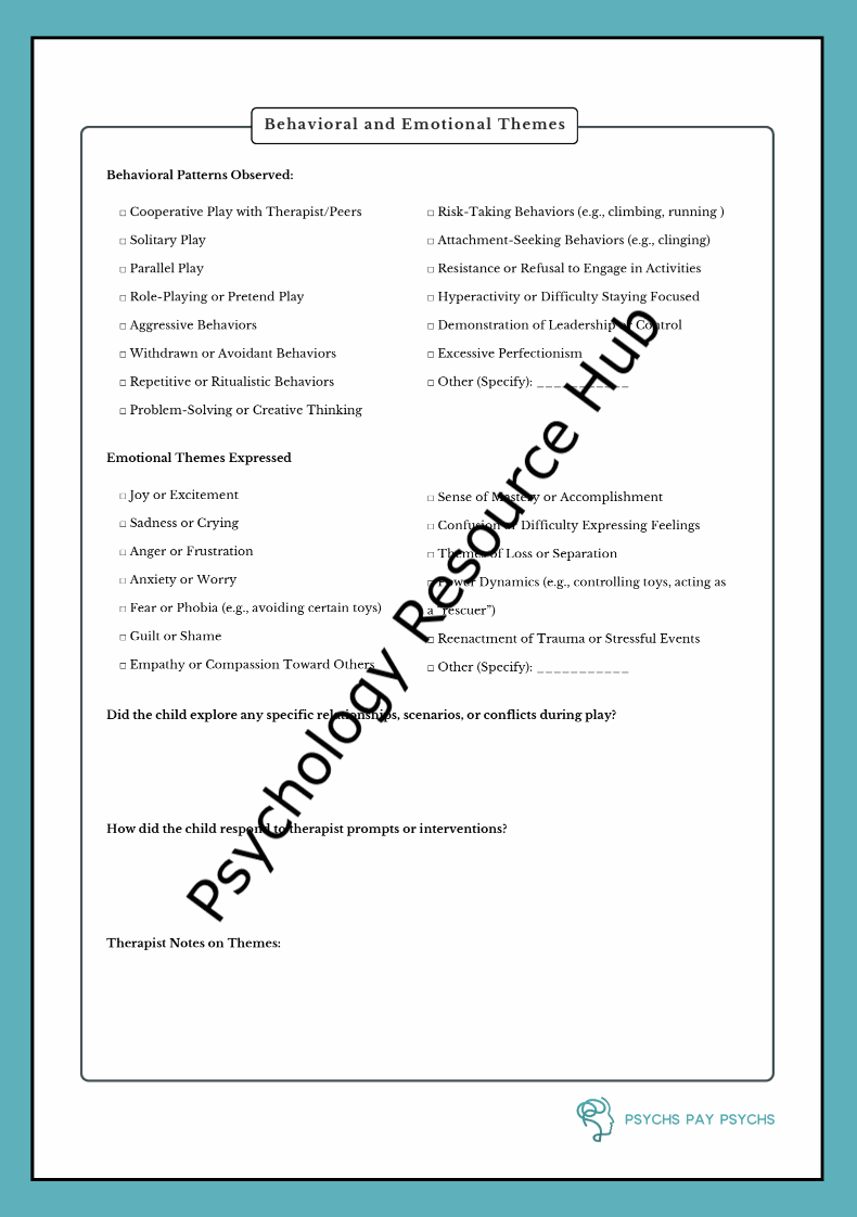 Play therapy progress session notes template for documenting behavioral and emotional themes in child therapy.