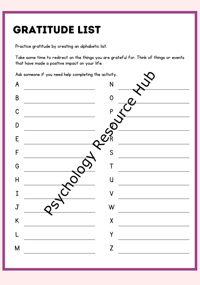 Alphabet List Gratitude Worksheet