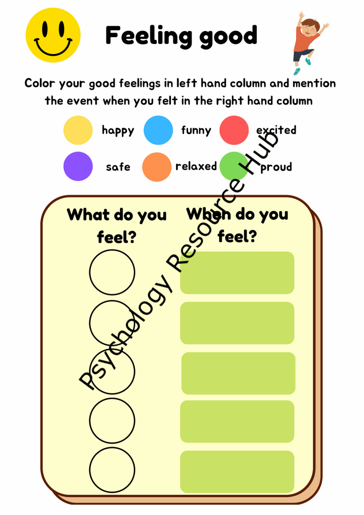 Feeling Good Worksheet with color-coded emotions and prompts for journaling positive feelings and events.