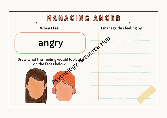 Managing Anger Worksheet for children with drawing faces and space to write coping strategies to understand and manage anger.