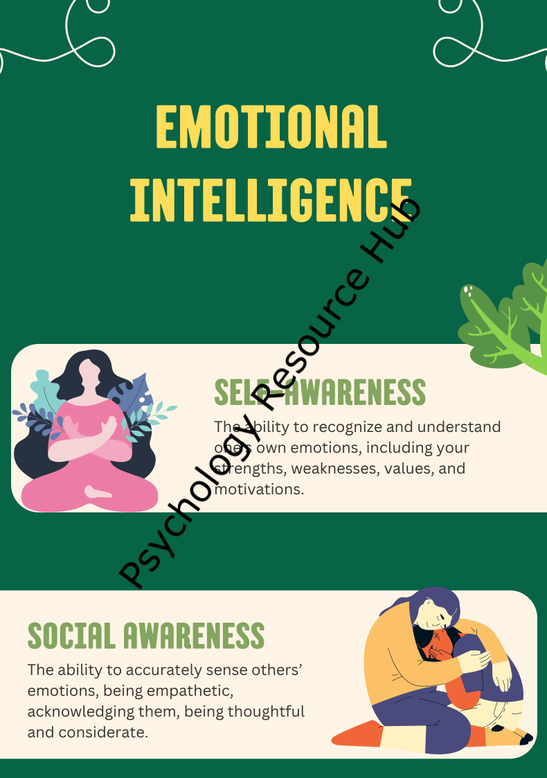 Emotional Intelligence Poster explaining self-awareness and social awareness with illustrations for personal development and therapy settings.