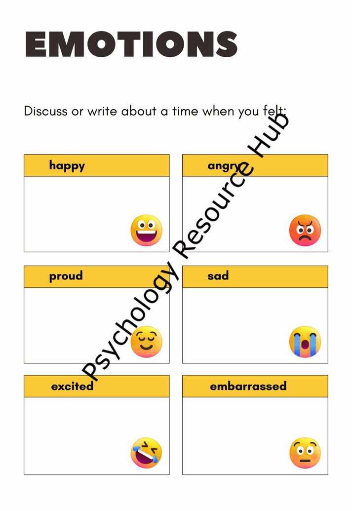 Worksheet for children to write about emotions like happy, angry, proud, sad, excited, and embarrassed with emoji prompts