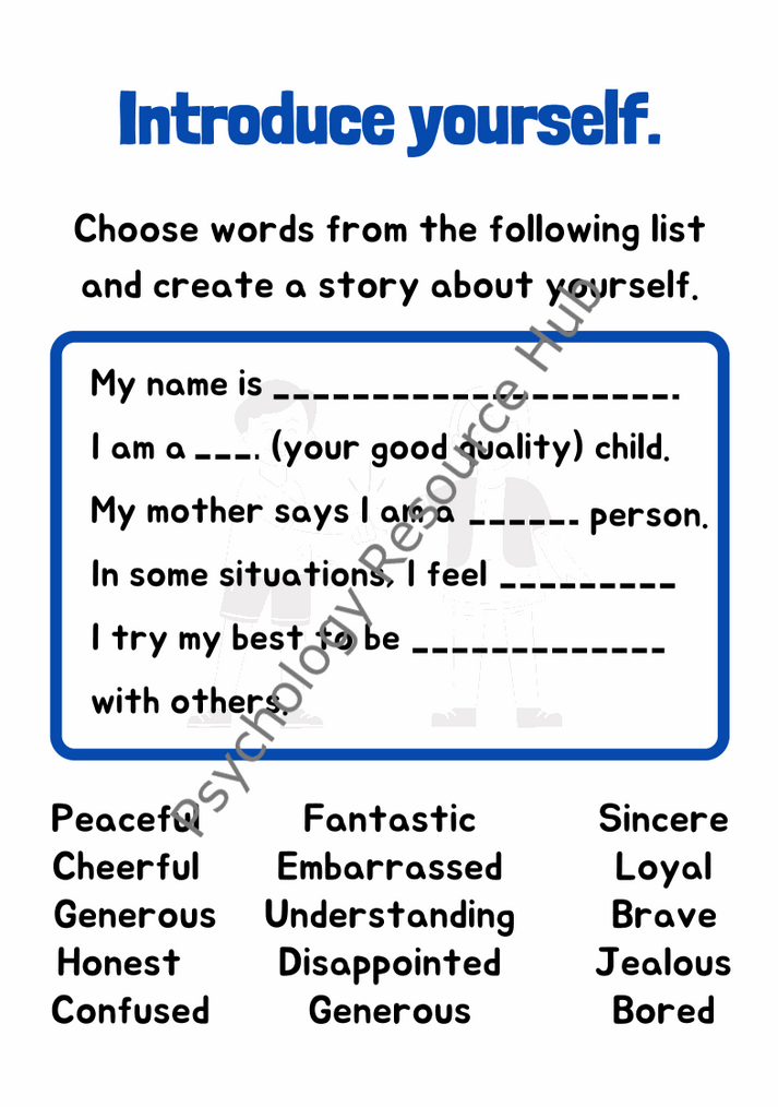Introduce Yourself Worksheet for children with prompts and adjectives to encourage self-expression and personal storytelling