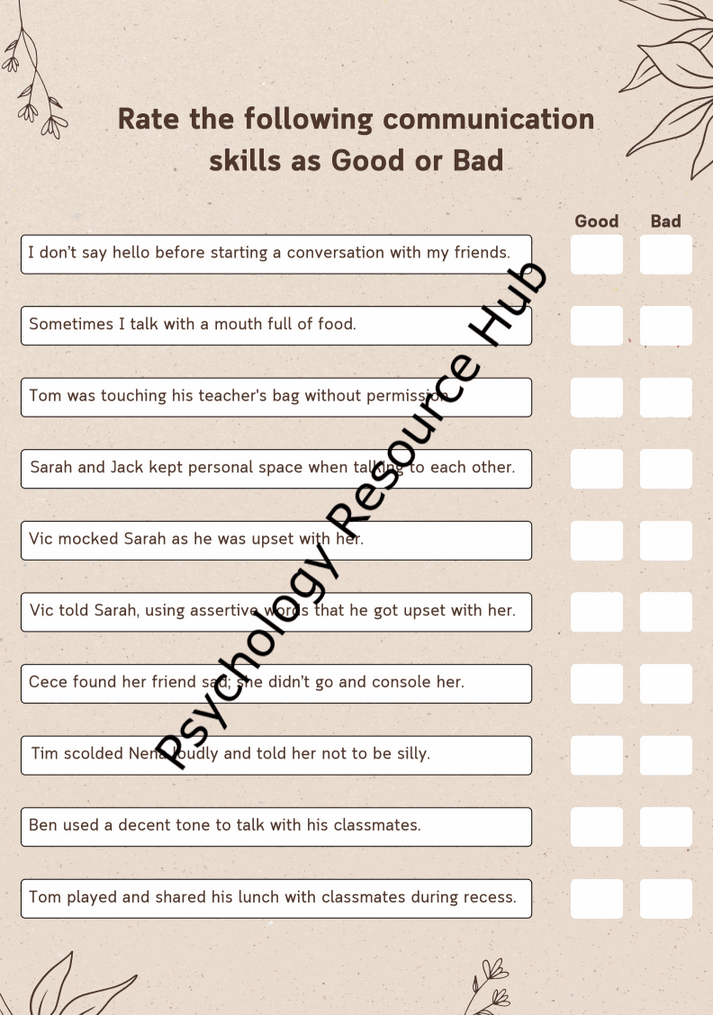 Worksheet for evaluating communication skills with scenarios rated as good or bad behaviors