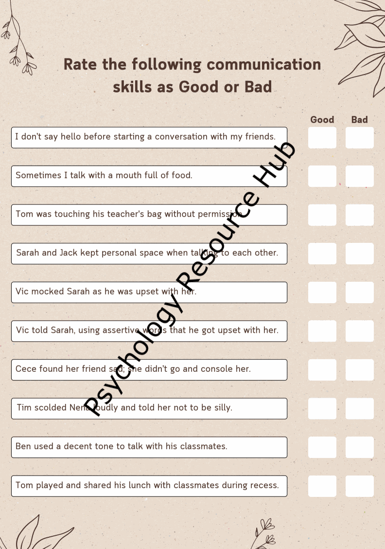 Worksheet for evaluating communication skills with scenarios rated as good or bad behaviors