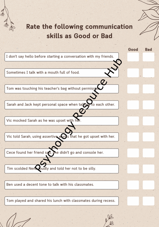 Worksheet for evaluating communication skills with scenarios rated as good or bad behaviors