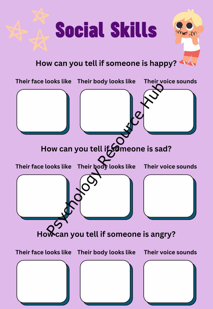 Recognising emotional cues worksheet for building social skills with prompts for facial expressions, body language, and voice tone for happiness, sadness, and anger.