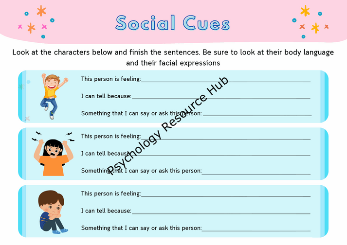 Recognising Social Cues Worksheet for identifying emotions through body language and facial expressions with guided prompts for social awareness.