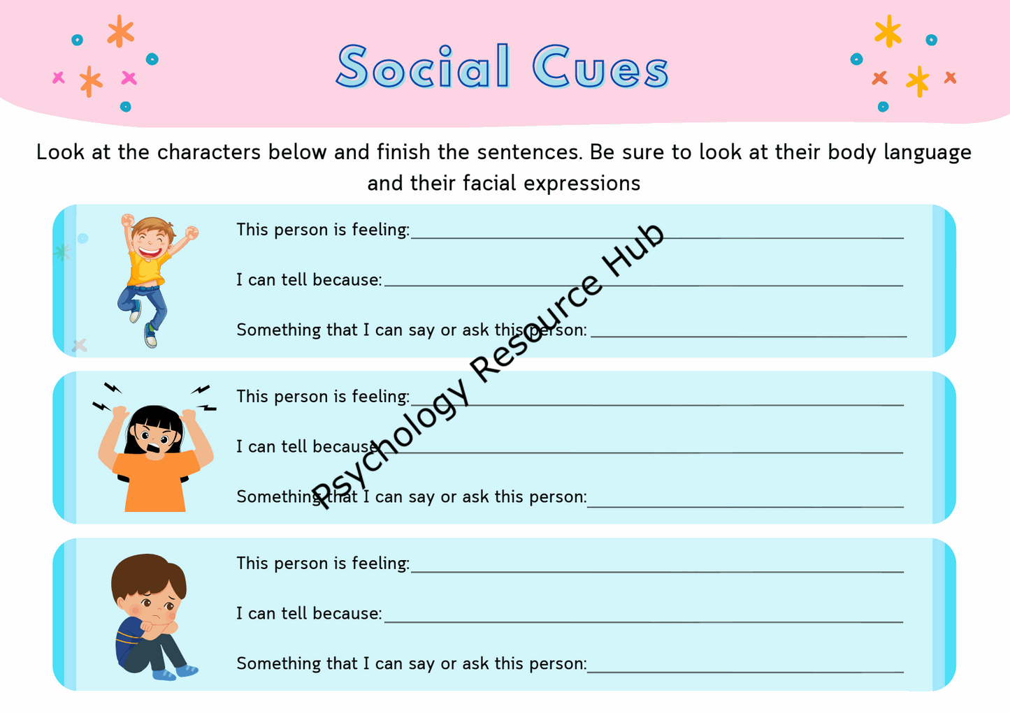 Recognising Social Cues Worksheet for identifying emotions through body language and facial expressions with guided prompts for social awareness.