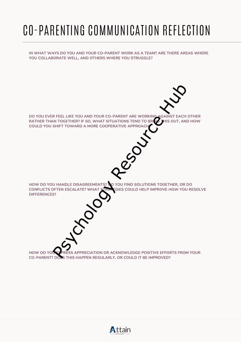 Co-parenting communication reflection worksheet with questions for improving teamwork and conflict resolution skills