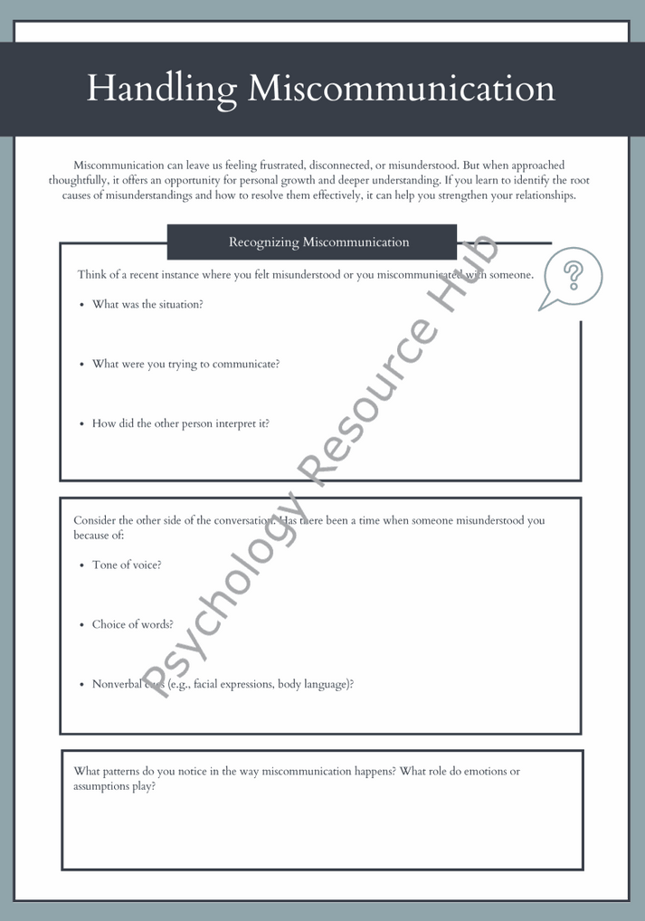 Handling Miscommunication Worksheets with tools to recognize, repair, and prevent communication issues for personal and professional growth